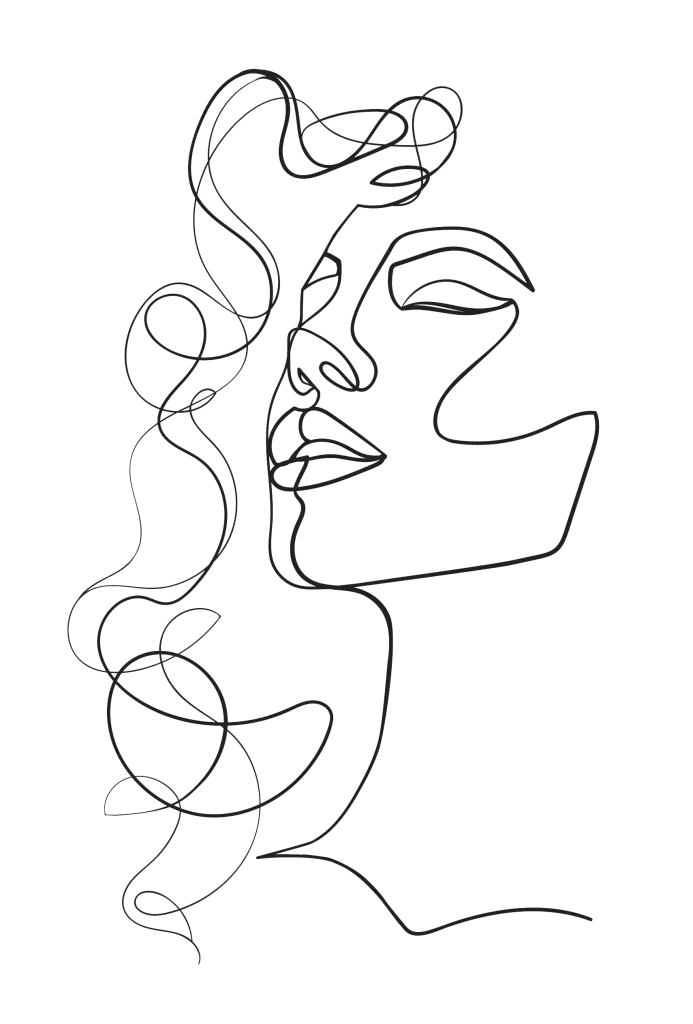 Line art drawing of female smiling